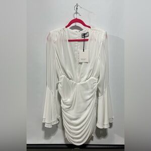 RNWY Women’s Ruched White Long Bell Sleeve‎ Dress Size Medium New With Tags